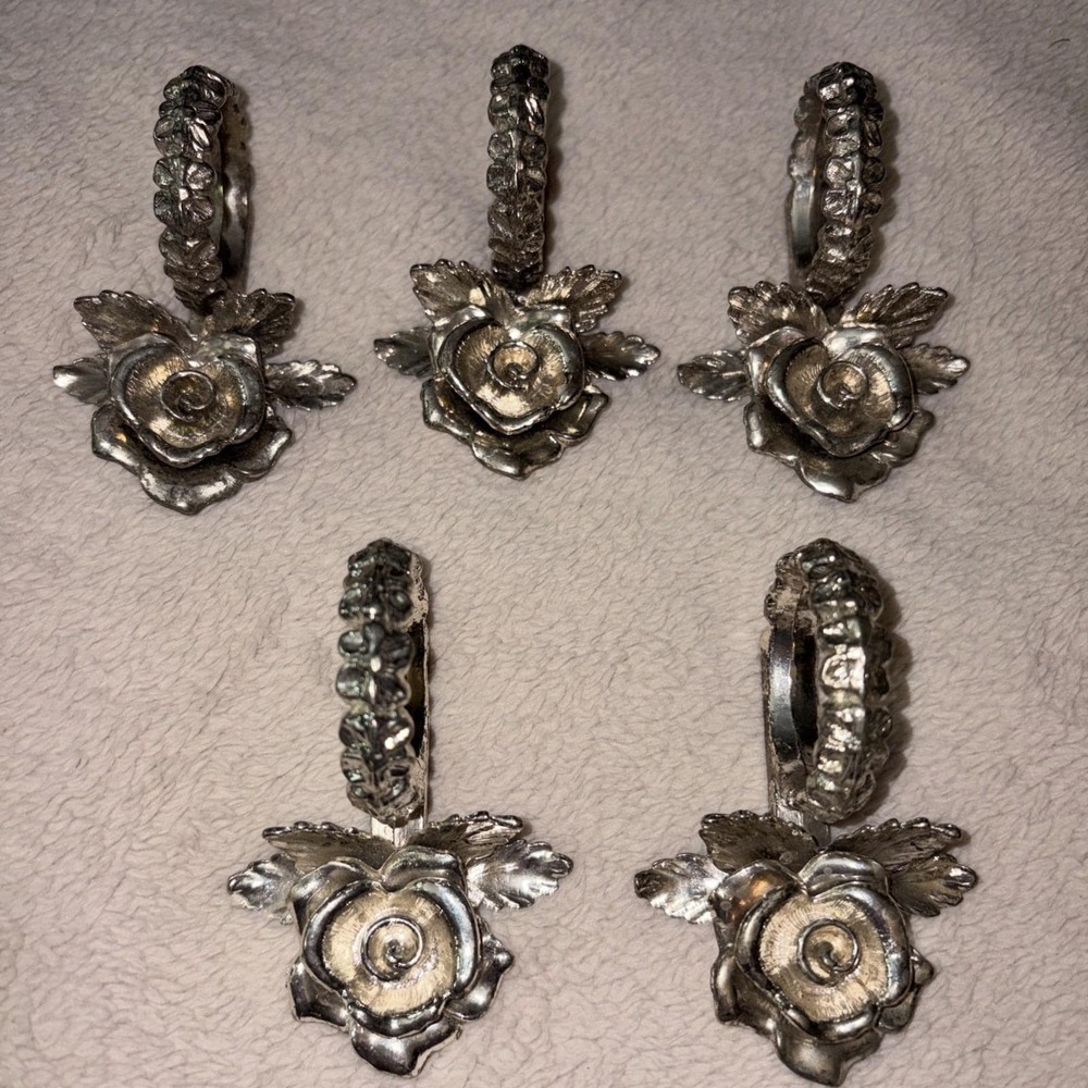 Vintage Princess House 5 Pc Silver Plated Heritage Rose Napkin Rings Cottacore